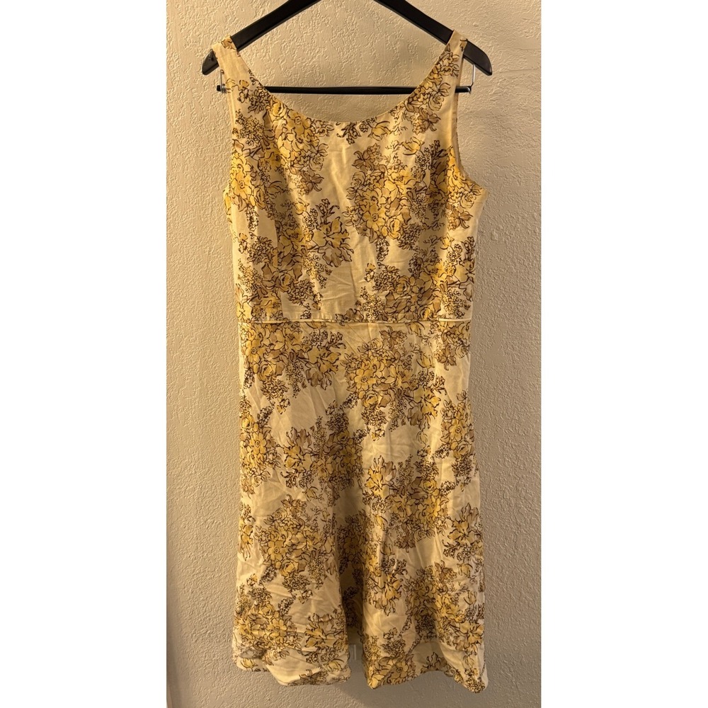 Ann‎ Taylor LOFT Floral Linen Blend Dress Women's 14 Sleeveless Tan Yellow Retro
